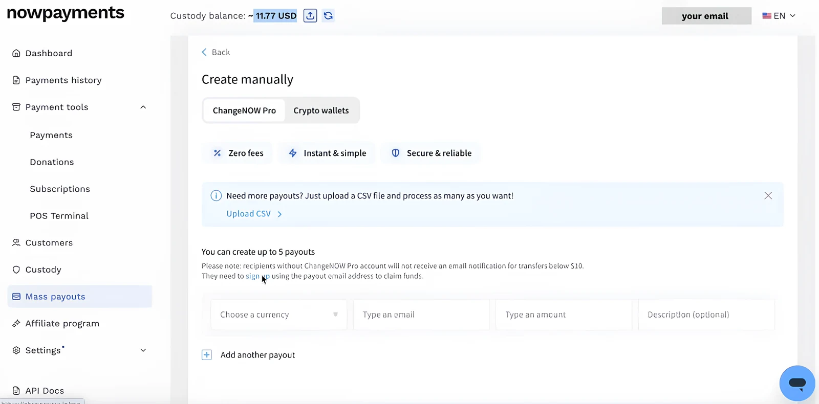 NOWPayments payout creation screen